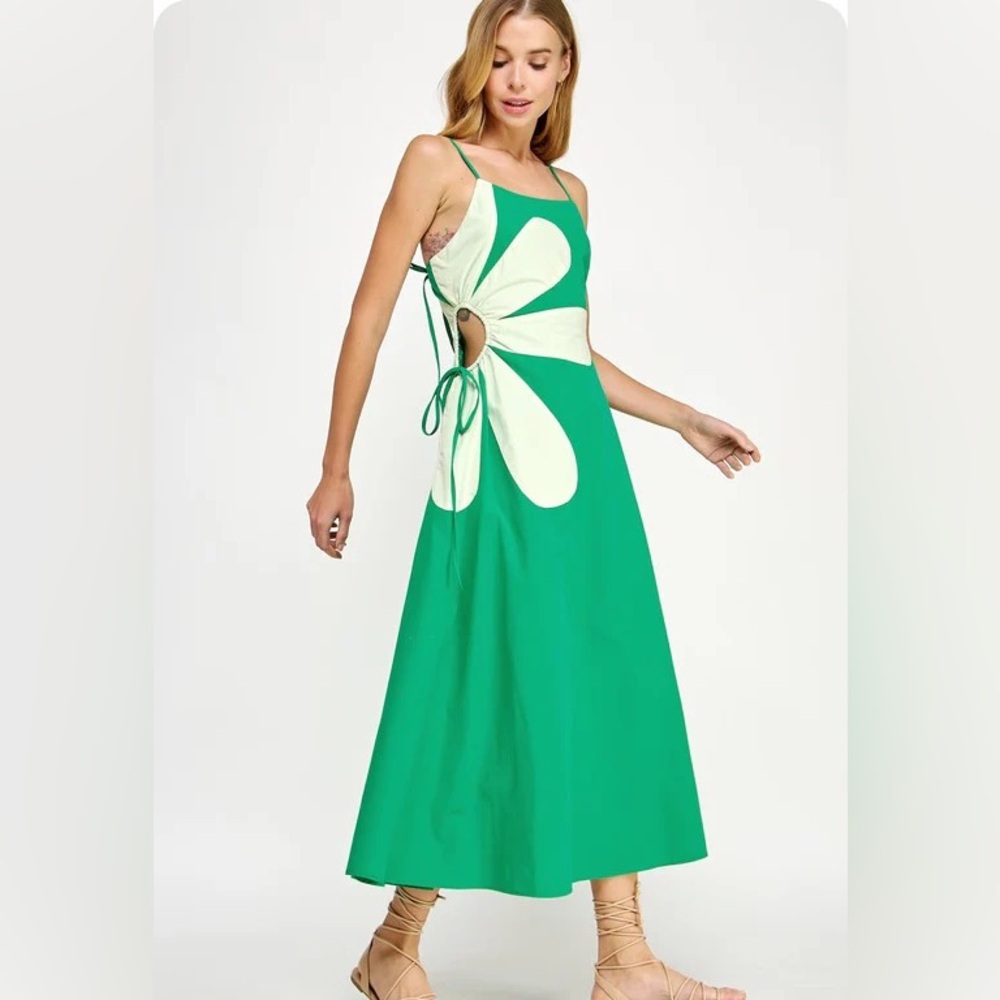 Green Floral Midi Dress with side cut out